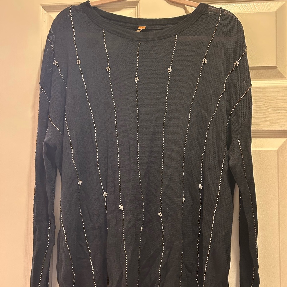 Free People Black Long Sleeve Top with Beaded Accents